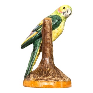 Vintage Italian Majolica Ceramic Parrot Figurine Hand Painted Made in Italy Bird on Branch For Sale