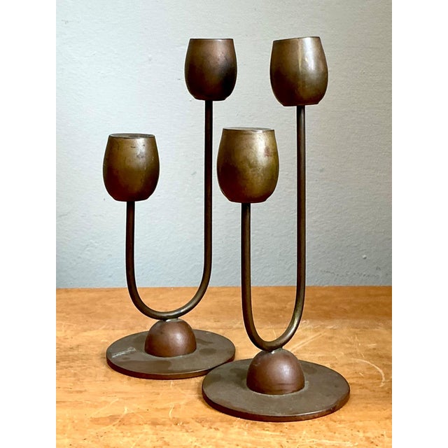 Vintage Brass Modernist Candlesticks - A Pair For Sale In West Palm - Image 6 of 15