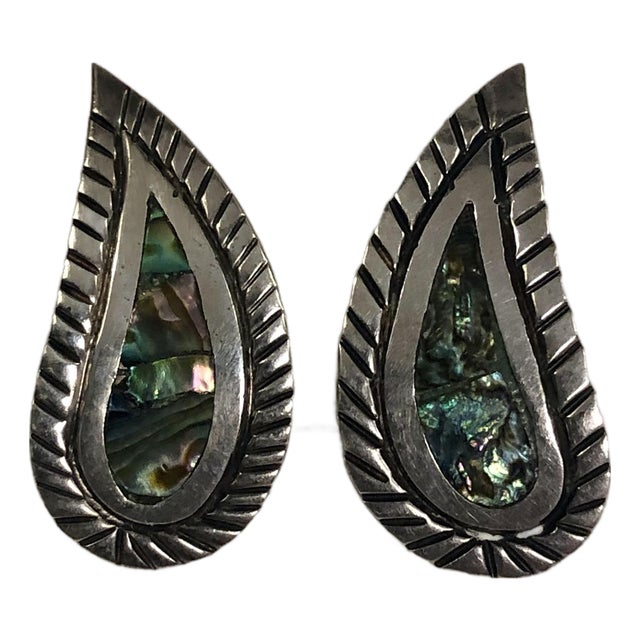 1950s Mexico Abalone Sterling Teardrop Earrings, Pair For Sale