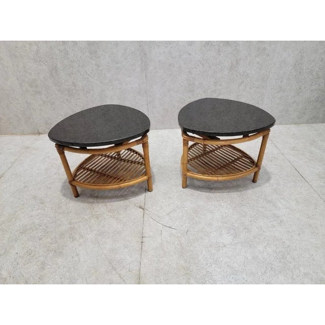 Paul Frankl Vintage Paul Frankl Style Floating Granite Rattan Side Tables - Pair For Sale - Image 4 of 5