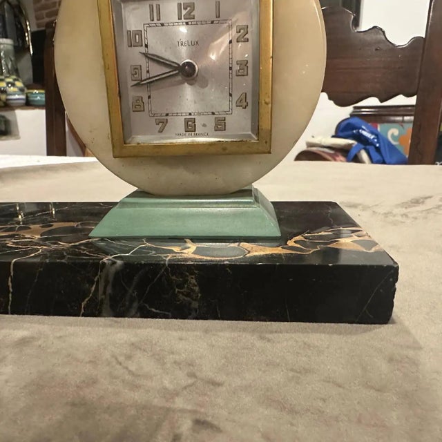 Art Deco 1930s Art Deco Portoro Marble and Metal French Table Clock For Sale - Image 3 of 13