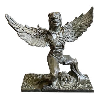 Art Deco Eagle Man With Screaming Face Surrealist Bronze Sculpture For Sale