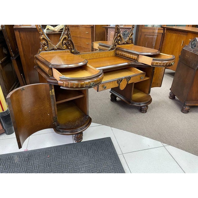 Antique 1930's Bedroom Mirrored Vanity, Hand Carved Walnut, Burl Inlay, Beveled Glass, Curved Cabinets For Sale - Image 4 of 13