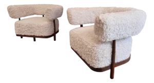 A Fabulous Italian Curved Walnut Armchairs in Lambswool Fur , 1960s, Set of 2