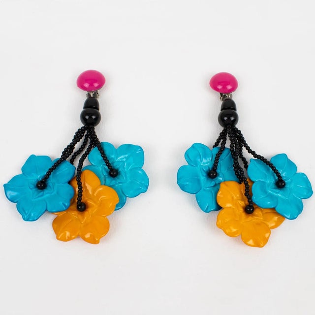 Contemporary Angela Caputi Saffron and Turquoise Flower Resin Clip Earrings For Sale - Image 3 of 8