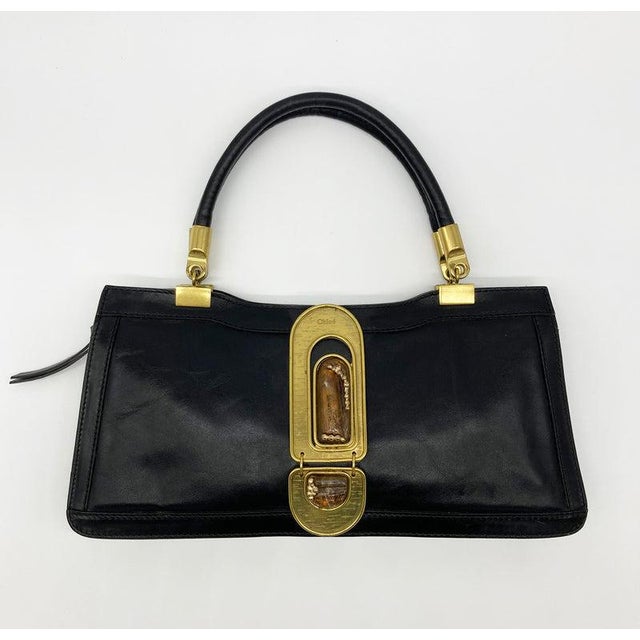 RARE and amazing vintage Chloe Brown Leather Amber Jeweled Top Handle Bag c2000s in good condition. Smooth dark brown...