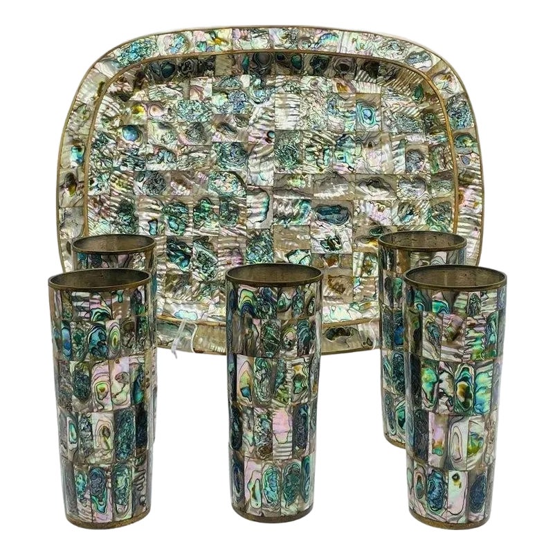 1950s Mexican Brass & Abalone Shell Tray With Five Tumblers, Mexican ...