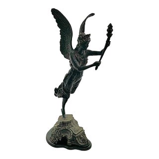 Vintage Metal Winged Angel Statue With Torch, Classical Goddess Sculpture, 20.5"h For Sale