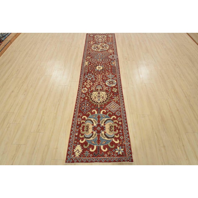 Farmhouse Suzani Runner 2’6” X 9’10” Red Wool Traditional Hand-Knotted Oriental Rug For Sale - Image 3 of 14