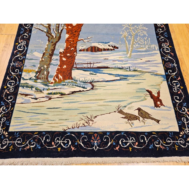 Vintage Persian Tabriz Pictorial Rug, Hand-Knotted Wool, Winter Forest Scene, Blue & Ivory, 4x6 For Sale - Image 11 of 16