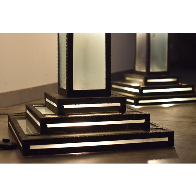 Brutalist Large Art Deco Floor Lamps Hotel Hammered Iron and Glass, France, 1930s, Set of 2 For Sale - Image 3 of 18