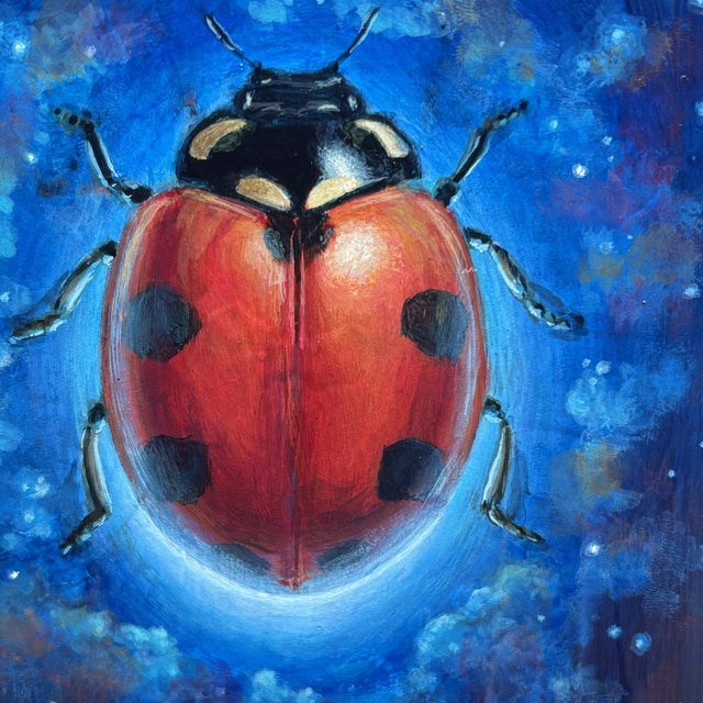 Space Beetle 01 by Stacy D'Aguiar | Acrylic on wood of a red ladybug in a cosmic background For Sale - Image 4 of 5