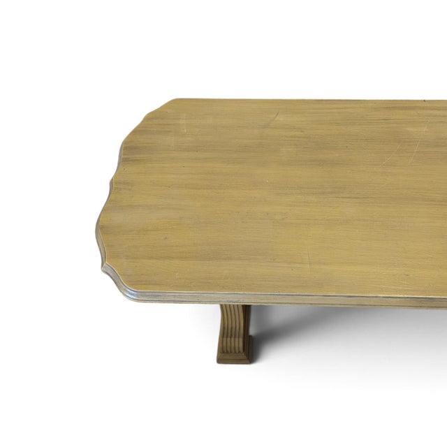 Vintage Butter Yellow Painted Trestle Sofa Table With Scalloped Top For Sale In Los Angeles - Image 6 of 18