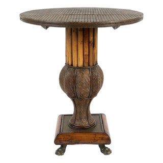 1980s Maitland-Smith Attributed Burnt Bamboo Drop-Leaf Table With Brass Feet For Sale