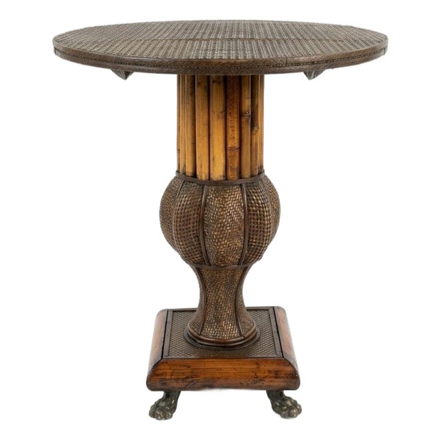 1980s Maitland-Smith Attributed Burnt Bamboo Drop-Leaf Table With Brass Feet For Sale