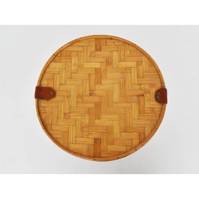 Wood Italian Closed Rattan Basket with Leather Details, 1973 For Sale - Image 7 of 9