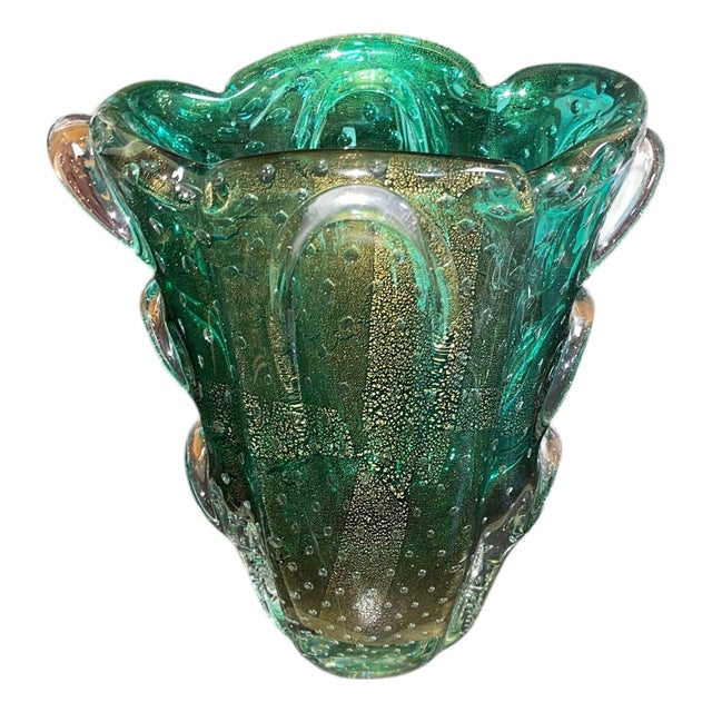 Seguso Murano Green & Gold Aventurine Art Glass Vase. Mid-20th Century. For Sale