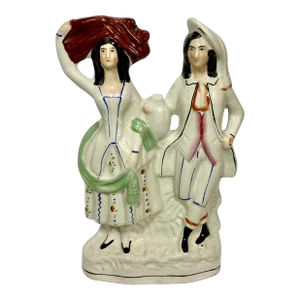 Victorian Staffordshire English Countryside Ceramic Pair in Wood Gathering and Carrying Jar