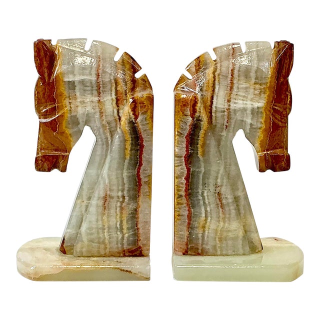 1970s Vintage Southwestern Boho Chic Italian Hand-Chiseled Onyx Marble Horse Bookends - A Pair For Sale