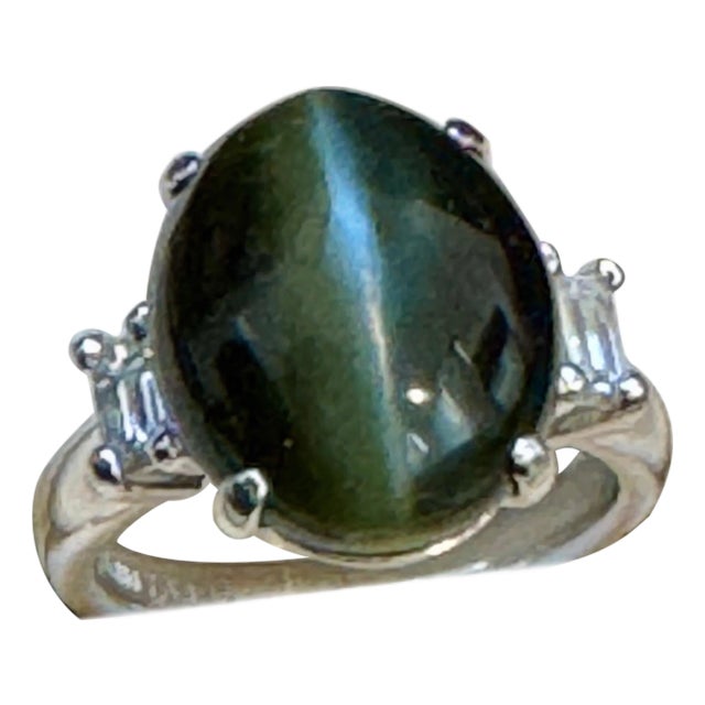 7.68 Ct Blue Green Cat's Eye Tourmaline Cocktail Ring with Diamonds in Platinum For Sale