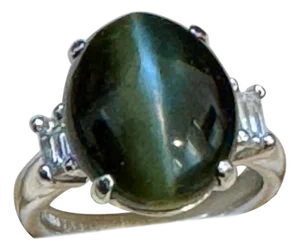 7.68 Ct Blue Green Cat's Eye Tourmaline Cocktail Ring with Diamonds in Platinum