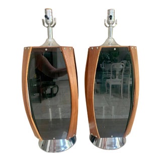 Mid-Century Walnut Lucite Lamps by Lawrin - A Pair For Sale