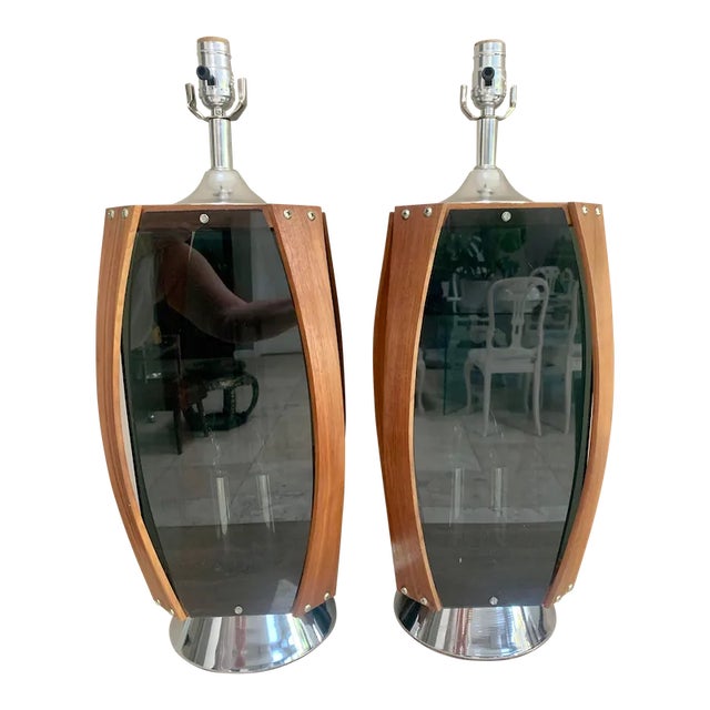 Mid-Century Walnut Lucite Lamps by Lawrin - A Pair For Sale