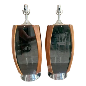 Mid-Century Walnut Lucite Lamps by Lawrin - A Pair