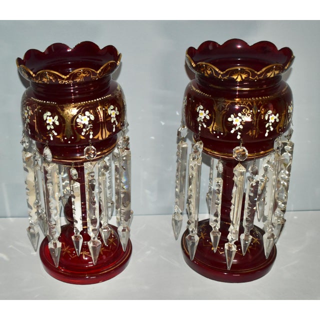 Antique Victorian Bohemian Pair of Cranberry/Ruby Glass Mantel Lusters For Sale - Image 12 of 12