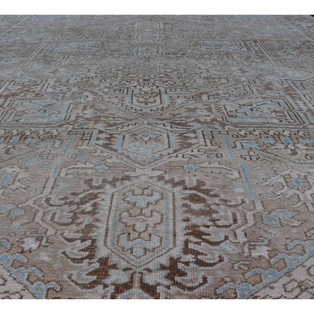 Traditional Early 20th Century Antique Persian Heriz Rug With Geometric Design in Taupe, Tan, Brown and Lt Blue For Sale - Image 3 of 13