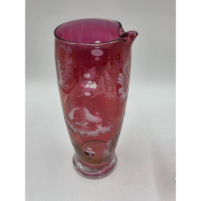 Antique Edwardian Wine Cranberry Glass Engraved Etched & Pitcher - 9pcs For Sale - Image 4 of 12