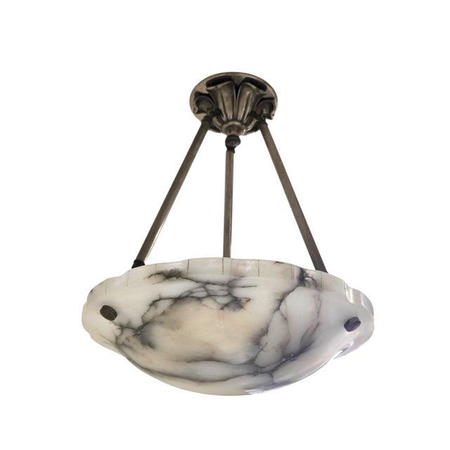 Early 20th Century 1930s French Art Deco Alabaster Pendant Light, White W/ Charcoal Grey Veining For Sale - Image 5 of 17