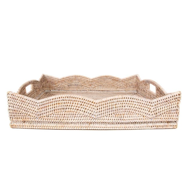 Artifacts Rattan Scallop Collection Square Tray with Cutout Handles in White Wash - 20" For Sale In Houston - Image 6 of 8