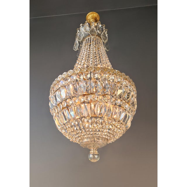 Antique French Empire Crystal Basket Chandelier Brass and Cut Crystal Closed For Sale - Image 4 of 9