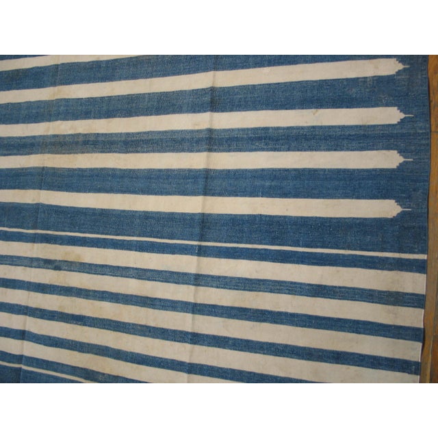 1930s Blue White Stripe Antique Indian Dhurrie Rug 7'9"x15'8" Flatweave Cotton Carpet For Sale - Image 4 of 6