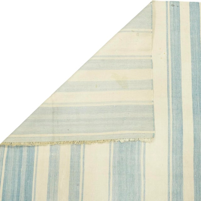 Traditional Vintage Dhurrie Rug With Blue and Cream Stripes | Rug & Kilim For Sale - Image 3 of 5