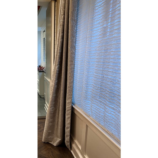 Custom Champagne Textured Drapery Panels With Sheer Shade & Curtain Rod For Sale In New York - Image 6 of 7