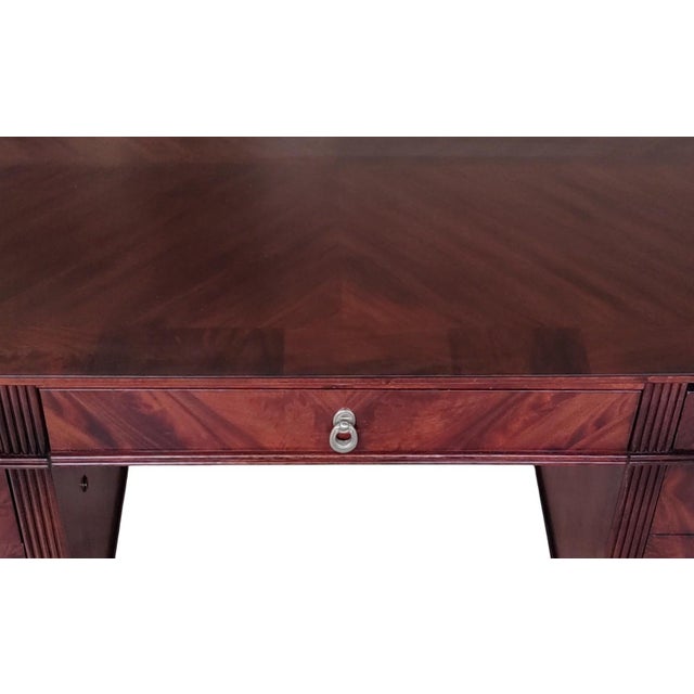 Restored French Art Deco Executive Desk | 72" Sunburst Veneer Pedestal Desk For Sale - Image 11 of 16