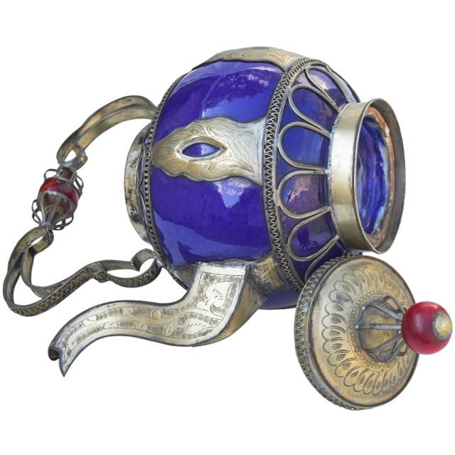 Vintage Moroccan Blue Ceramic Kettle With Silver Engravings For Sale In New York - Image 6 of 8