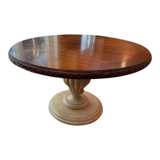 Two-Tone Round Pedestal Dining Table With Carved Apron and 22” Leaf For Sale