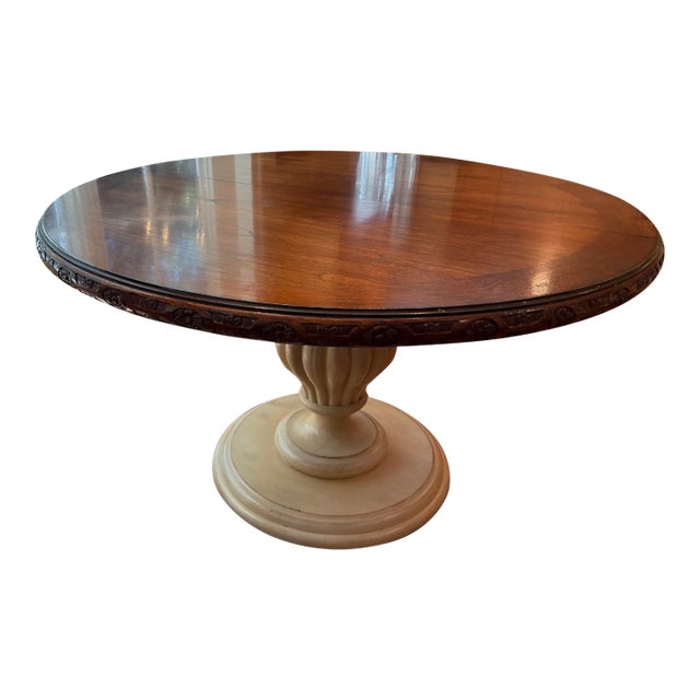 Two-Tone Round Pedestal Dining Table With Carved Apron and 22” Leaf For Sale