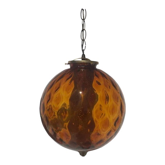 Mid Century Modern 1960s Swag Lamp Blown Glass Art Brass Hanging Ceiling For Sale