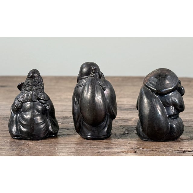Vintage Japanese Seven Lucky Gods Bronzed Metal Netsuke Figurines - Set of 7 For Sale In Providence - Image 6 of 13
