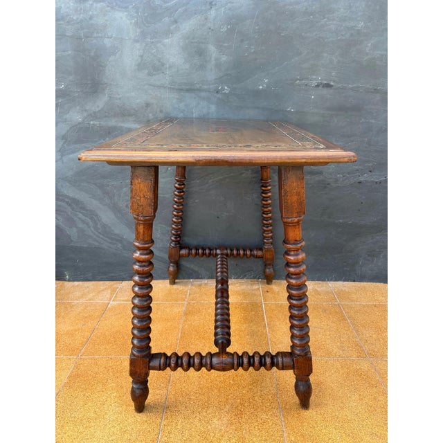 1920s Spanish Barley Twist Table with Inlaid Marquetry Top, Early 20th Century For Sale - Image 5 of 13