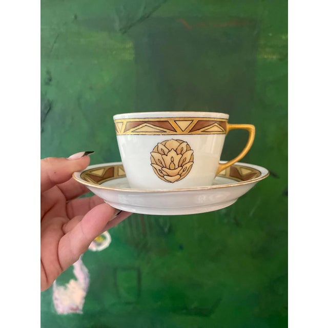Art Deco 1950s Handpainted Art Deco Limoges Tea Cups - Set of Eleven (11) Pieces For Sale - Image 3 of 10