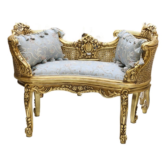 French Style Bench White Damask Gold Details For Sale