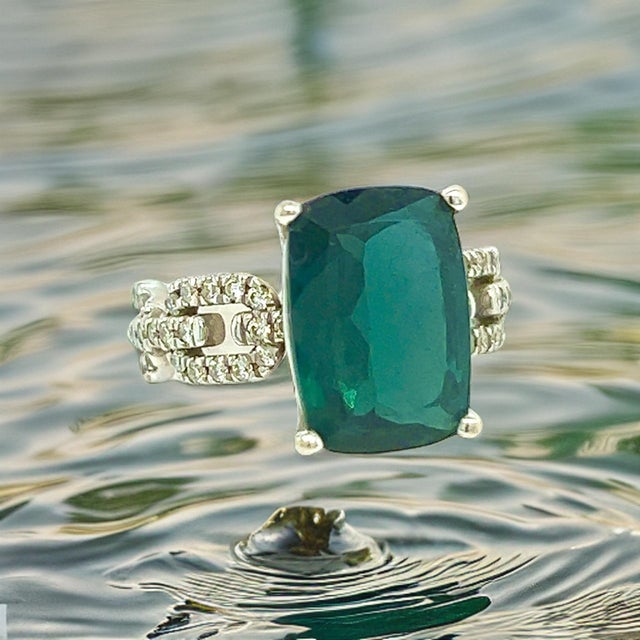Traditional Natural Tourmaline Diamond Ring 6 14k W Gold 5 TCW Certified For Sale - Image 3 of 12
