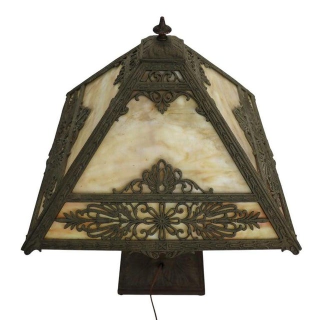 Bronze Bradley & Hubbard Arts & Crafts 4-Panel Floral Overlay Slag Glass Lamp C1920 For Sale - Image 8 of 9