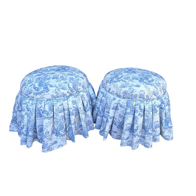 Chinoiserie English Country Chinois Blue & White Toile Skirted Storage Ottomans, a Pair For Sale - Image 3 of 10