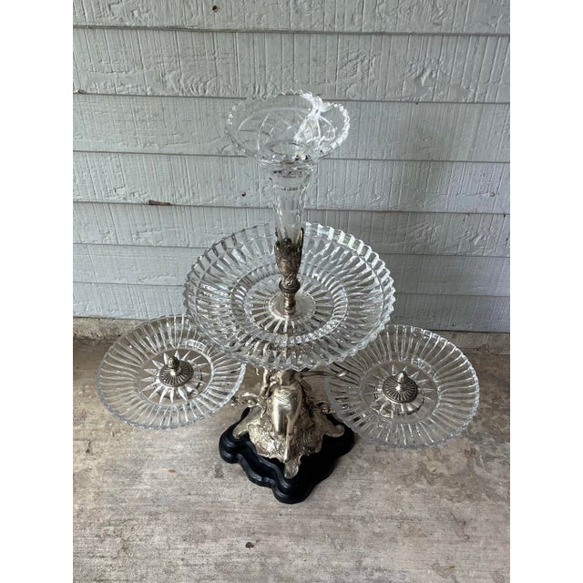 Art Nouveau 1960s Castilian Silverplate & Crystal Art Nouveau Epergne Sweet Meats Centerpiece 25” For Sale - Image 3 of 12